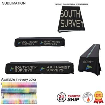 Standard production time for this sku. ; 16' LazerCut (or 2 x 8ft tables combined) 4-Sided Sublimated Tablecloth, Drape Style, Closed Back (Made in Canada).; 100% polyester, machine washable, wrinkle resistant, fire retardant.; Lightweight table cover, convenient for travelling and shipping.; Size: 247” x 86”L