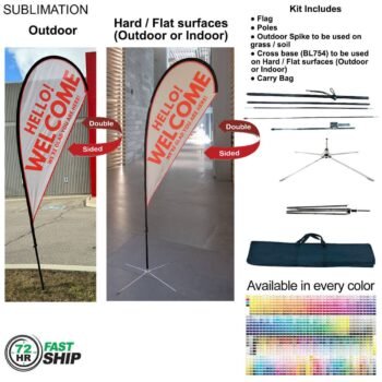 72Hr Fast Ship - 9' Small Tear Drop Flag Kit, Full Color Graphic Double Sided, Outdoor & Indoor base