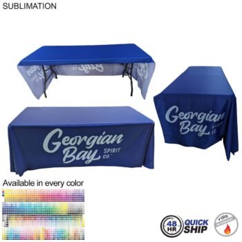 Sublimated PREMIUM Table Cloth for 6' Table, Drape Style, Open Back, Rounded Corners