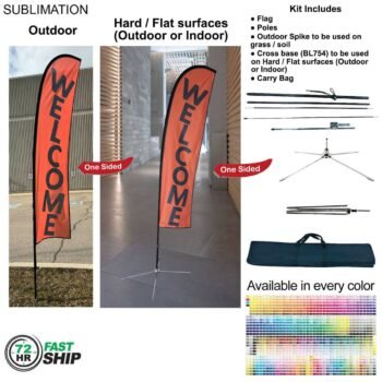 72Hr Fast Ship - 10' Small Feather Flag Kit, Full Color Graphics One Side, Outdoor and Indoor bases