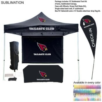 48Hr Quick Ship - Game Day Tailgate Package, 10' Tent kit, Backwall,Tablecloth, double sided Flag