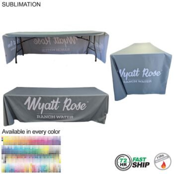 Sublimated PREMIUM Table Cloth for 8' Table, Drape Style, Open Back, Rounded corners