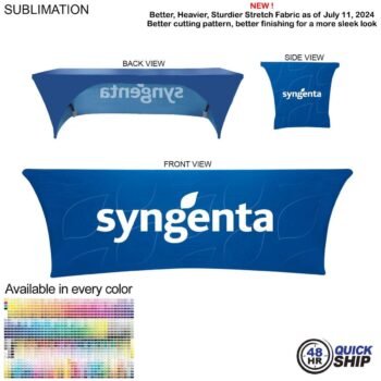 Sublimated Stretch Curved Fit Tablecloth Throw for 8ft table, 3 sided, Open Back