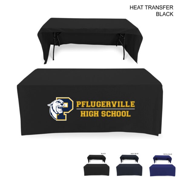 Polycotton Twill Table Cloth Throw for 6' Table, Drape style, 3 sided, Open Back, Heat Transfer Logo