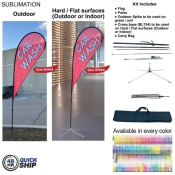 48Hr Quick Ship - 12' Medium Tear Drop Flag Kit, Full Color Graphics One Side, Outdoor & Indoor base