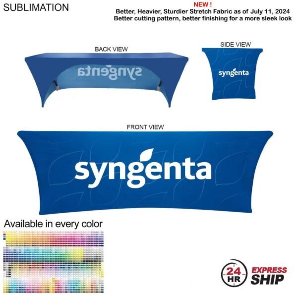 Sublimated Stretch Curved Fit Tablecloth Throw for 8ft table, 3 sided, Open Back