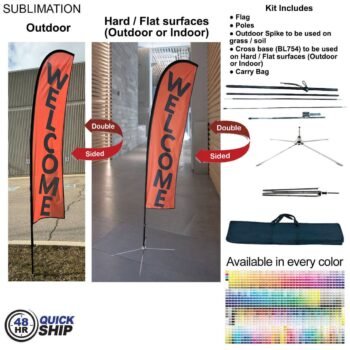 48Hr Quick Ship - 10' Small Feather Flag Kit, Full Color Graphic Double Sided, Outdoor & Indoor base