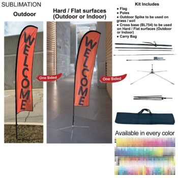 10' Small Feather Flag Kit, Full Color Graphics One Side, Outdoor Spike base, Indoor Cross Base