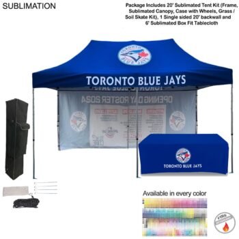 48 Hr Quick Ship - Deluxe Event Package, 20' Sublimated Tent, 20' backwall, 6' Box Fit Tablecloth