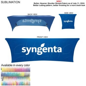 Sublimated Stretch Curved Fit Tablecloth Throw for 8ft table, 3 sided, Open Back