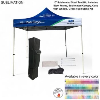 72Hr Fast Ship - 10' Steel Tent Kit, Includes Steel Frame, Sublimated Canopy, Case, Grass Stake Kit