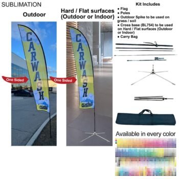 13' Medium Feather Flag Kit, Full Color Graphics One Side, Outdoor Spike base, Indoor Cross Base