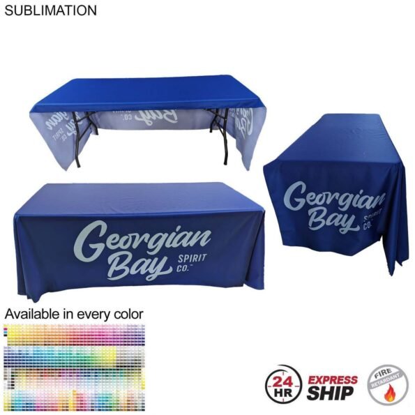 Sublimated PREMIUM Table Cloth for 6' Table, Drape Style, Open Back, Rounded Corners