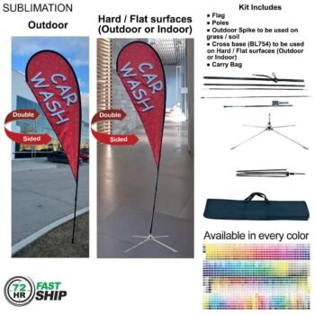 72Hr Fast Ship -12' Medium Tear Drop Flag Kit, Full Color Graphic Double Side, Outdoor & Indoor base