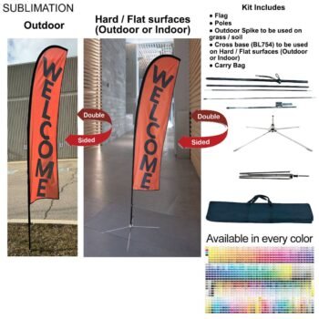 10' Small Feather Flag Kit, Full Color Graphics Double Sided, Outdoor Spike base, Indoor Cross Base